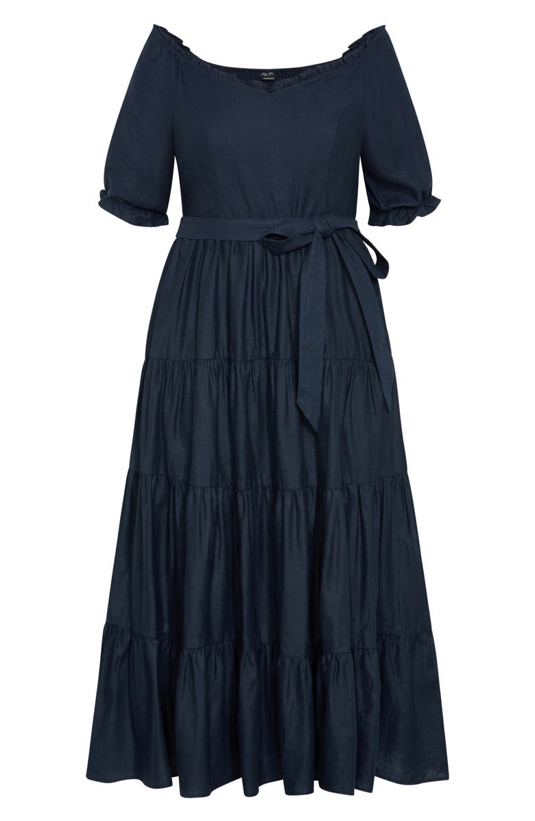City Chic Puff Sleeve Tie Belt Midi Dress, Alternate, color, Navy