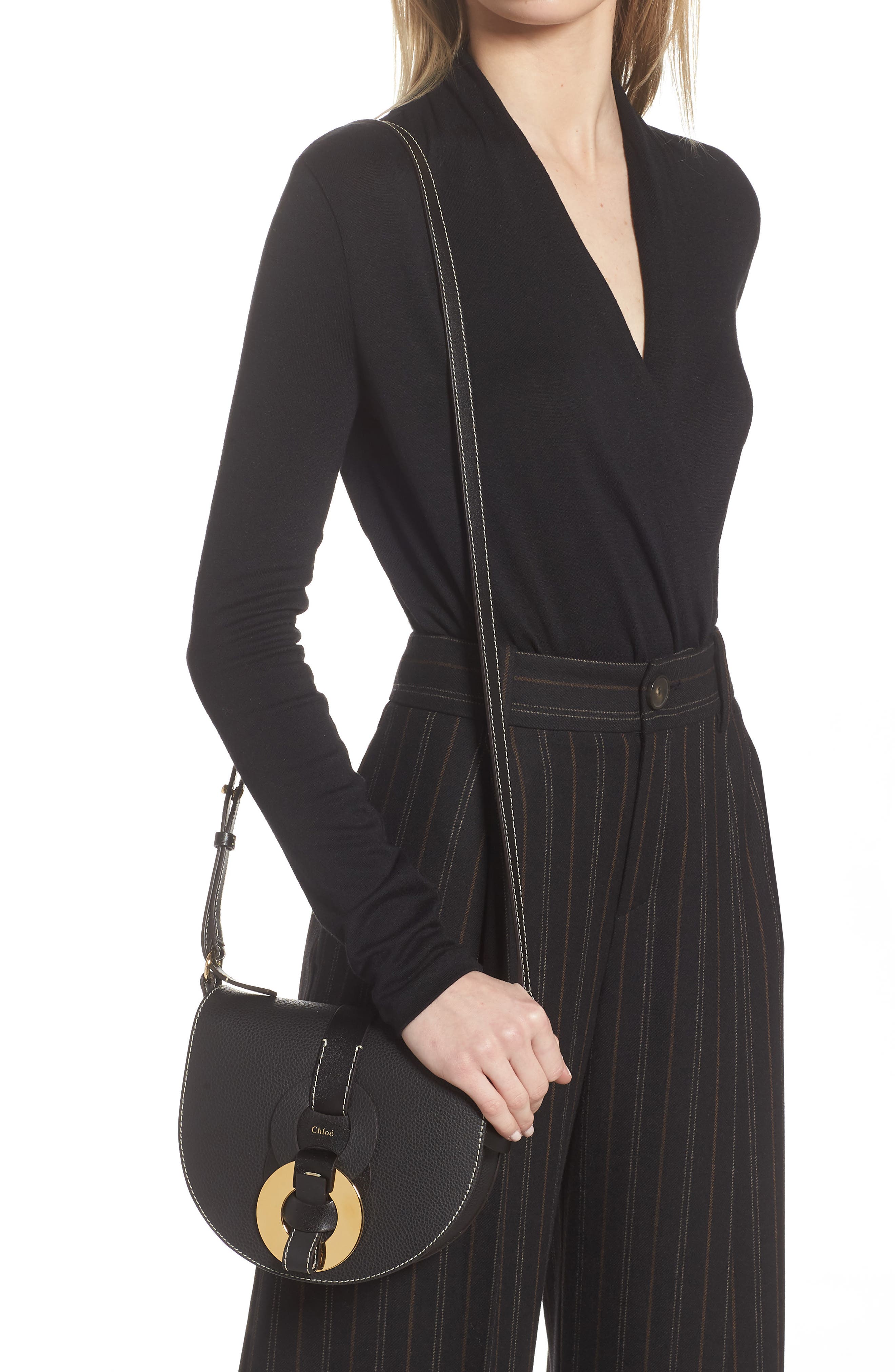Darryl Leather Crossbody Saddle Bag, Alternate, color, BLACK