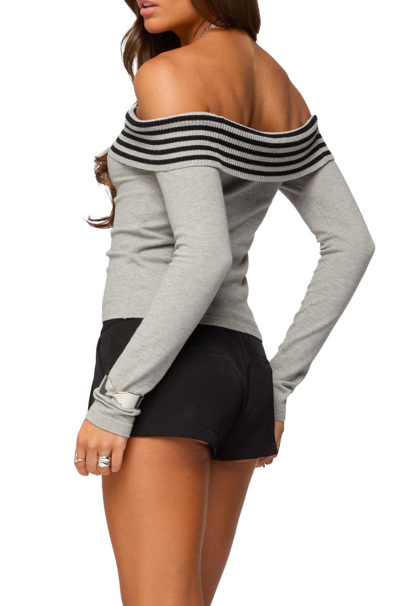 EDIKTED Leetal Stripe Foldover Off the Shoulder Long Sleeve Top, Alternate, color, Gray-Melange