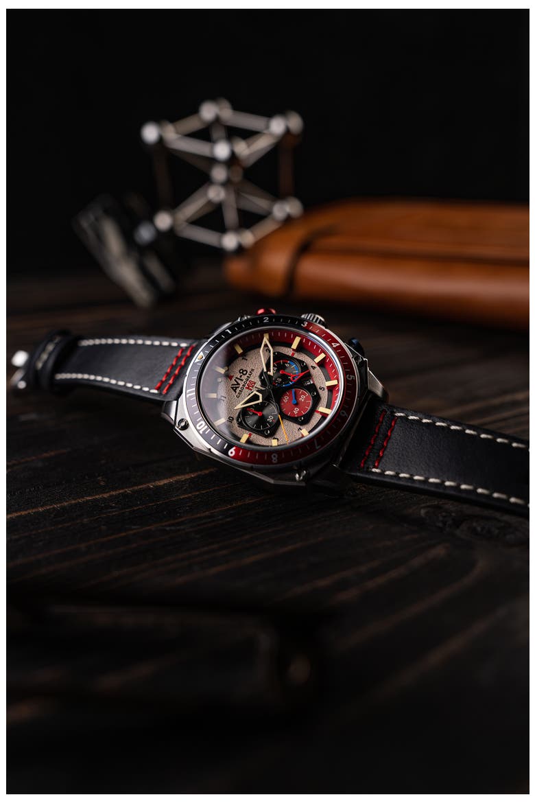 Hawker Hunter Atlas Hazard Red Dual Time Chronograph Leather Strap Watch, 43mm, Alternate, color, GREY