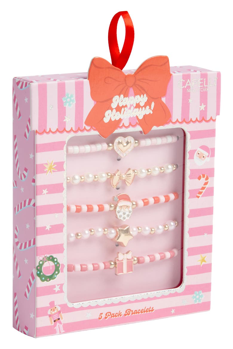 Kids' 5-Piece Holiday Bracelet Set, Alternate, color, RED MULTI