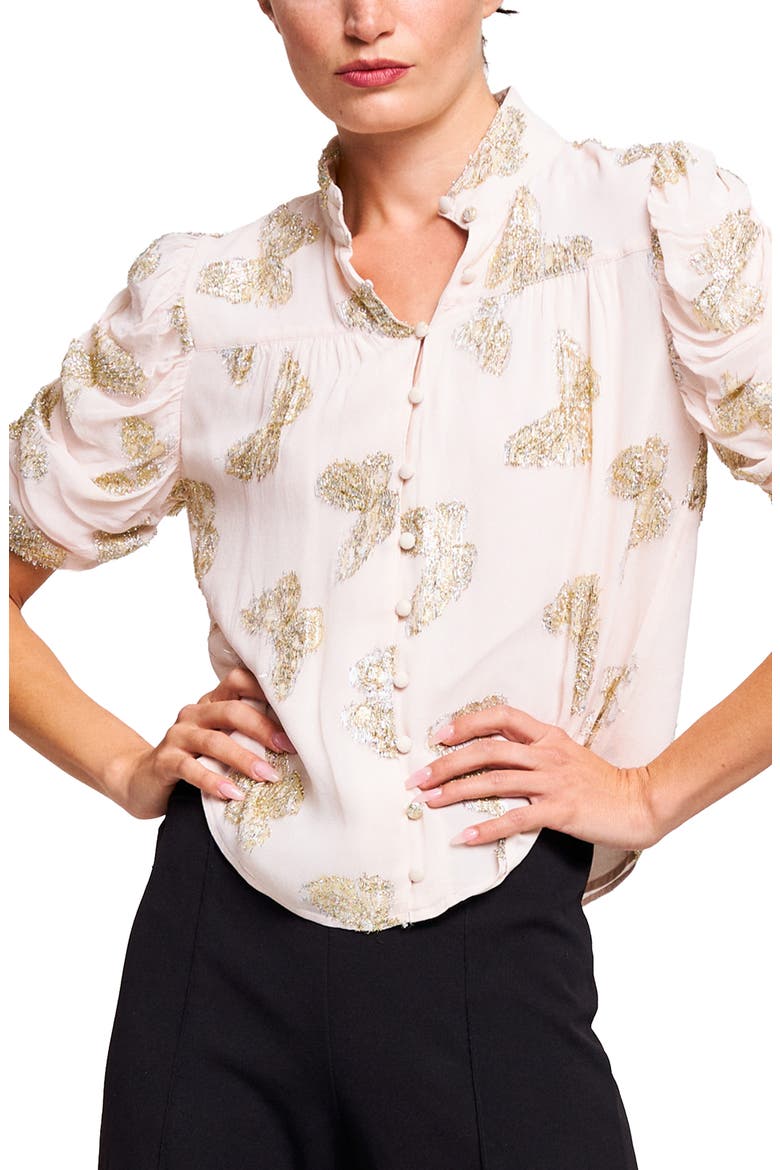 Maggie Metallic Ruched Sleeve Shirt, Main, color, CREAM