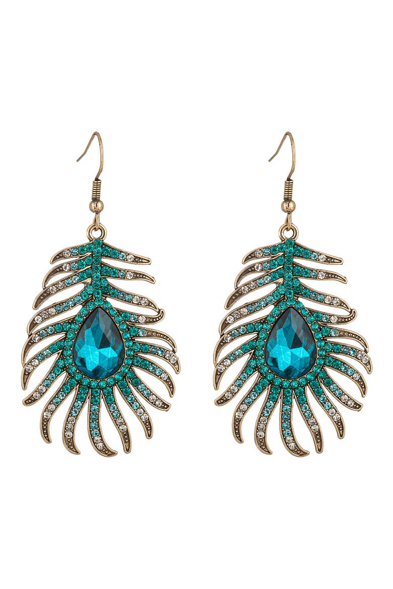 Peak My Ear Crystal Peacock Feather Drop Earrings, Main, color, TEAL