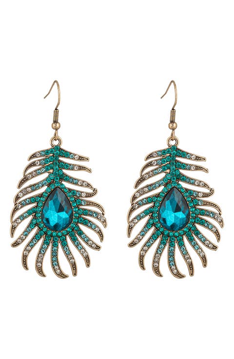 Peak My Ear Crystal Peacock Feather Drop Earrings