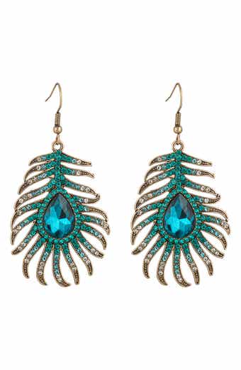 Peak My Ear Crystal Peacock Feather Drop Earrings