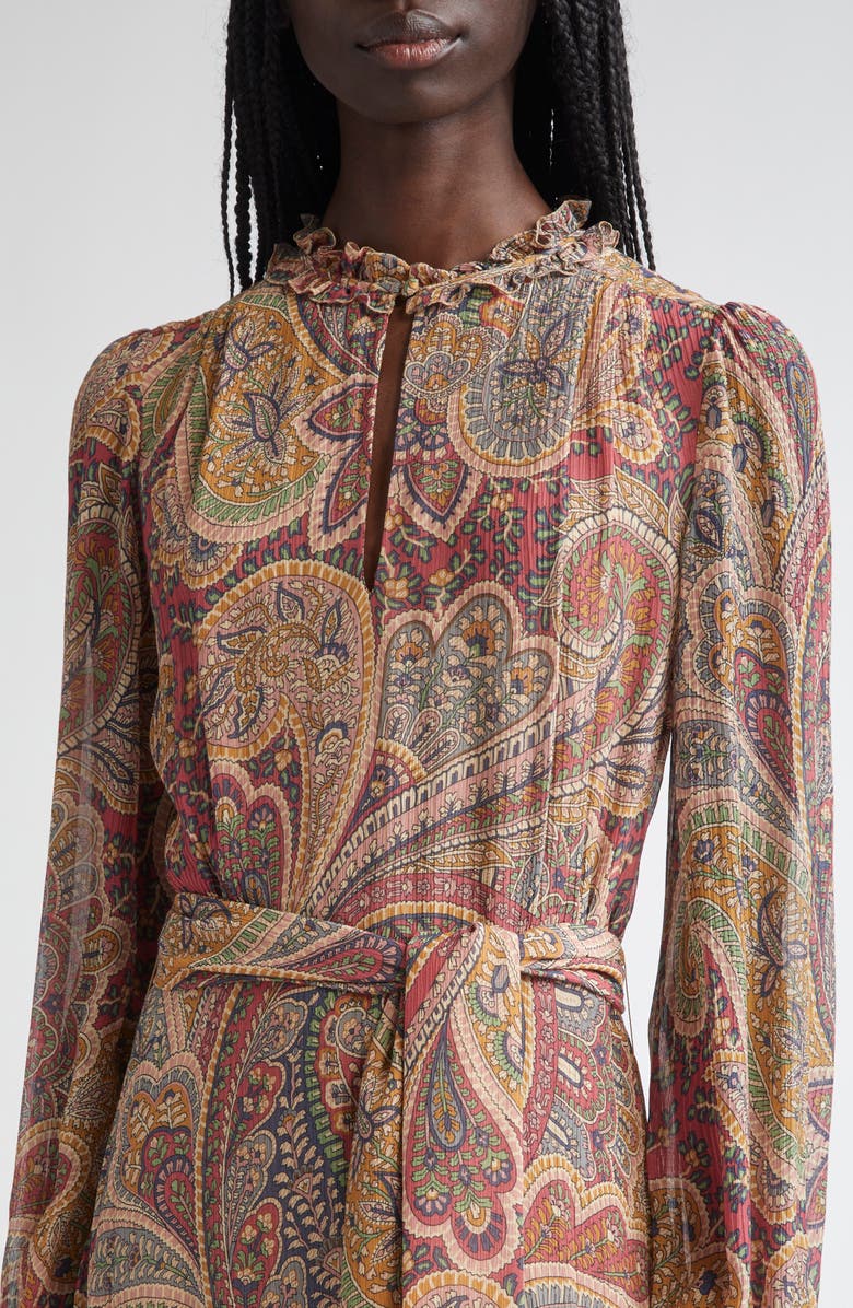 Etro Paisley Print Long Sleeve Belted Crepon Midi Dress, Alternate, color, Bordeaux
