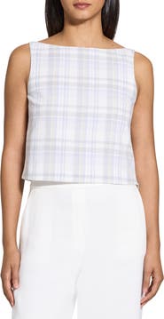 Theory Plaid Sleeveless Cotton & Linen Crop Top
