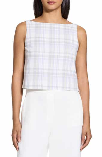 Theory Plaid Sleeveless Cotton & Linen Crop Top