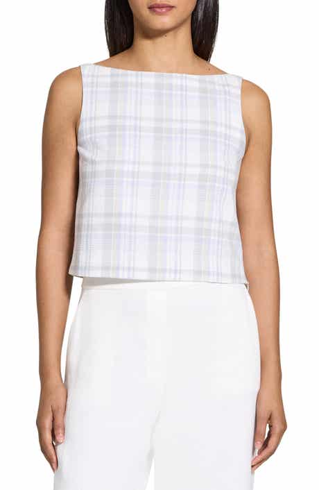 Theory Plaid Sleeveless Cotton & Linen Crop Top