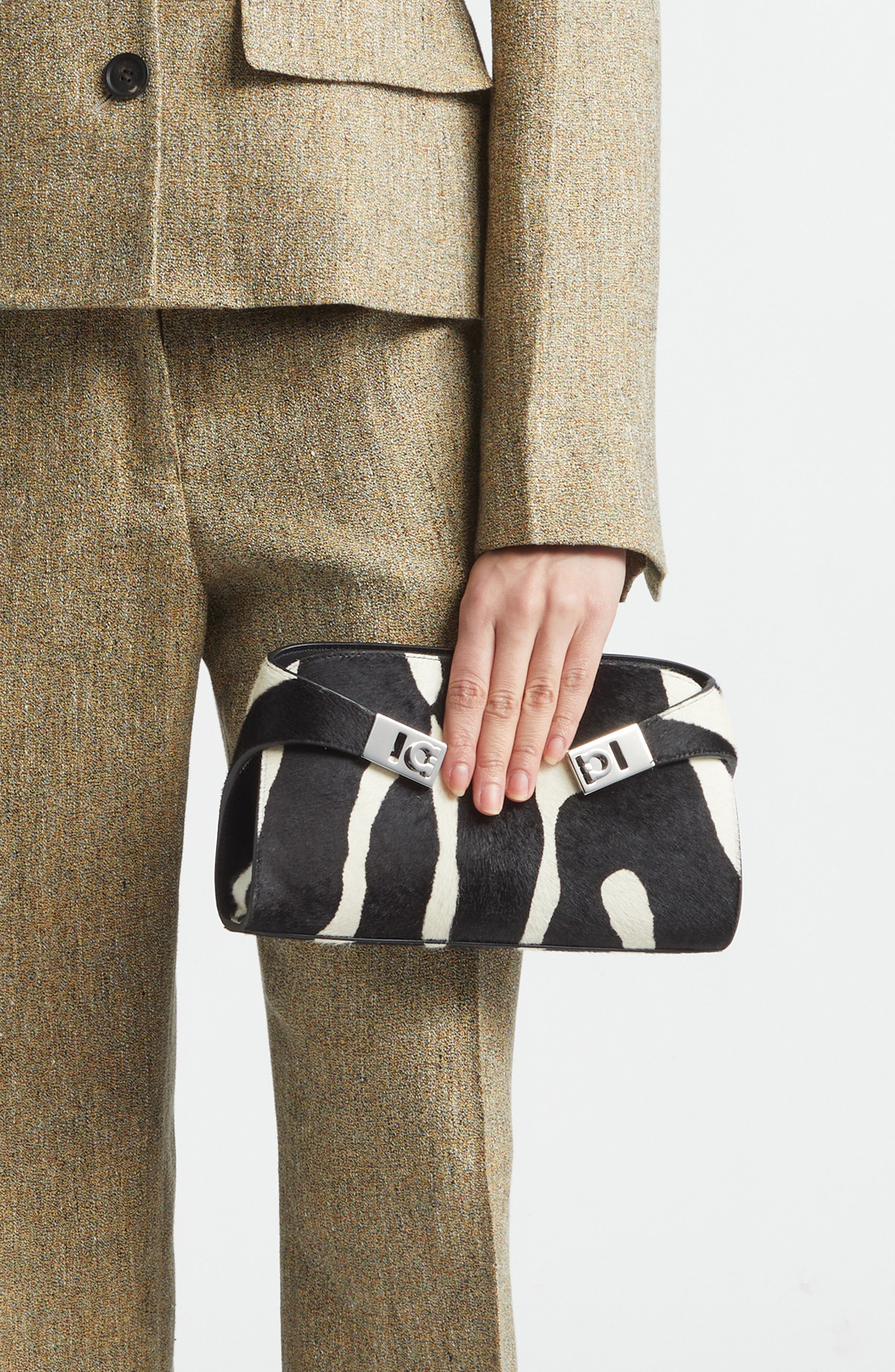 FERRAGAMO Hug Genuine Calf Hair East/West Crossbody Bag, Alternate, color, Kasba Bianco/ Nero