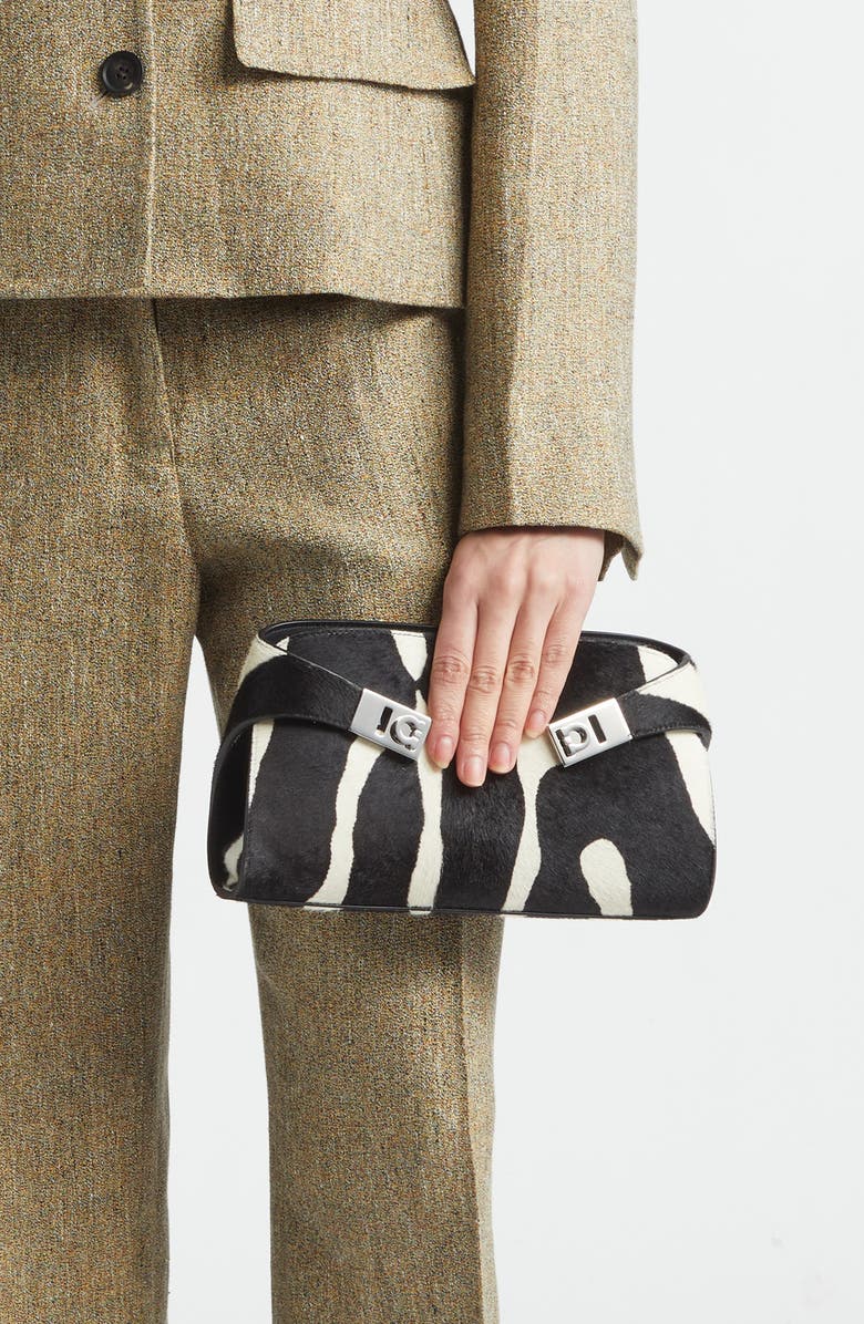 FERRAGAMO Hug Genuine Calf Hair East/West Crossbody Bag, Alternate, color, Kasba Bianco/ Nero