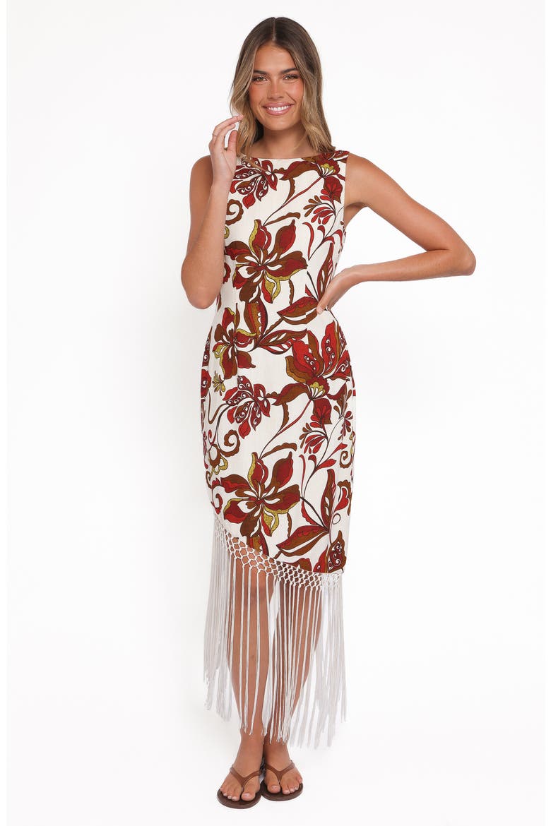 Aquarius Floral Fring Trim Dress, Alternate, color, BROWN FLORAL