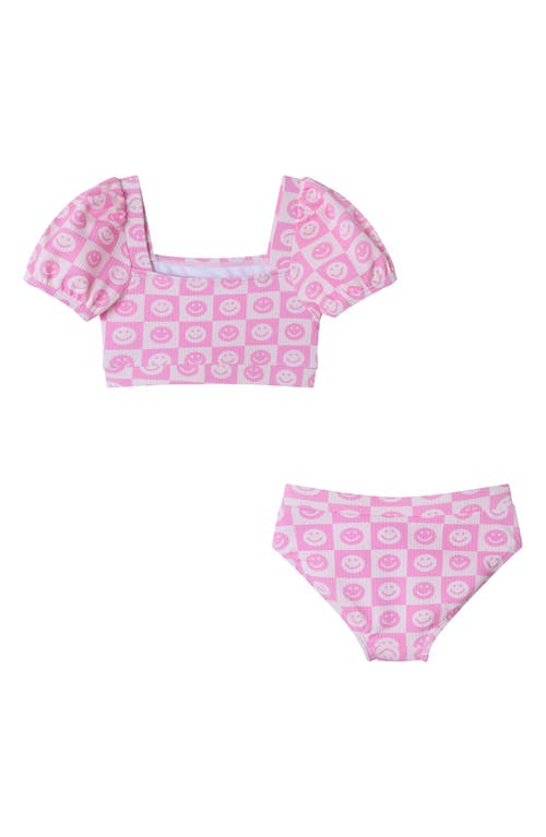 Shop Andy & Evan Kids' Smiley Textured Puff Sleeve Two-piece Swimsuit In Pink Smiley