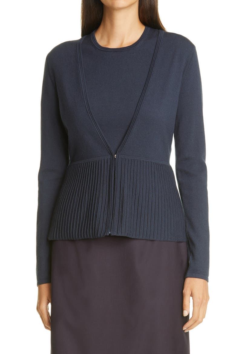 Faly Ribbed Peplum Wool Blend Cardigan, Main, color, NAVY