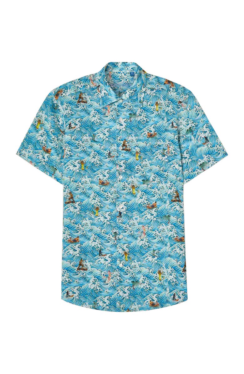Robert Talbott Morgan Surf Printed Linen Short Sleeve Shirt, Alternate, color, Blue Waves