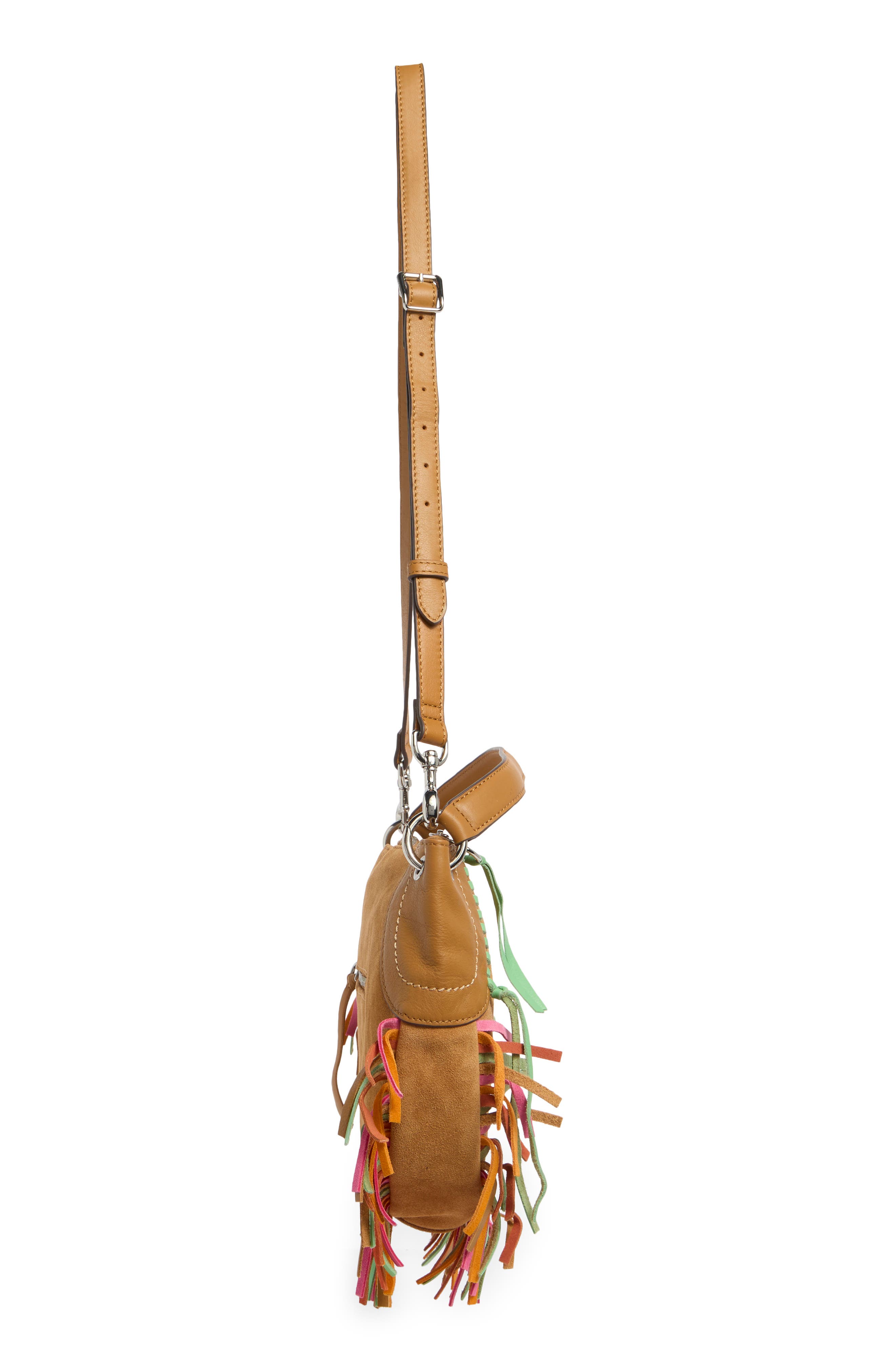 Dante Fringe Leather Shoulder Bag, Alternate, color, LATTE SUEDE MULTI