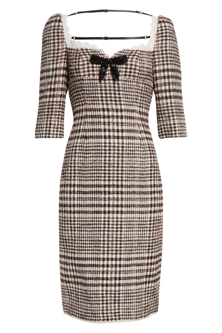 Lace Trim Check Cotton, Wool & Alpaca Blend Dress, Alternate, color, BROWN