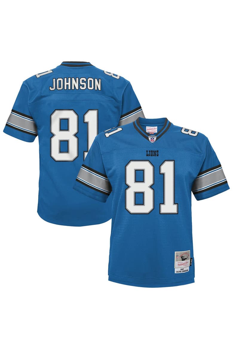 Youth Mitchell & Ness Calvin Johnson Blue Detroit Lions Legacy Replica Jersey, Main, color, Blue