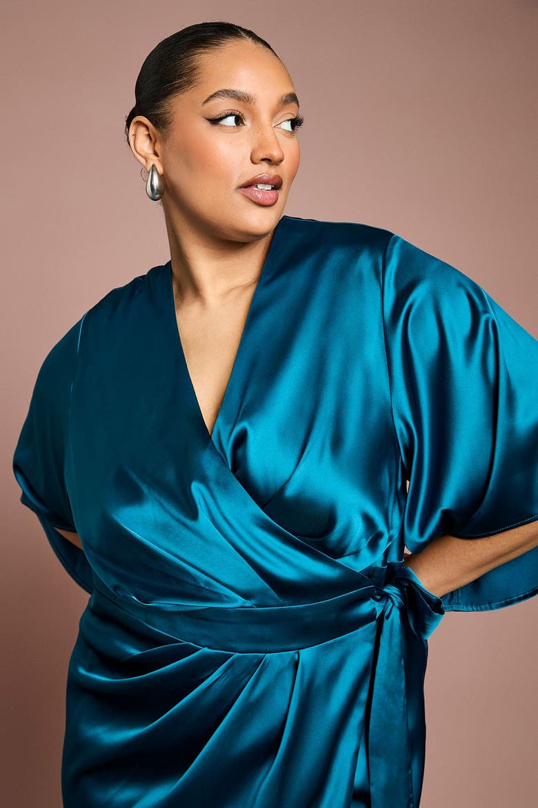 Plus Satin Wrap Midi Dress, Alternate, color, Teal