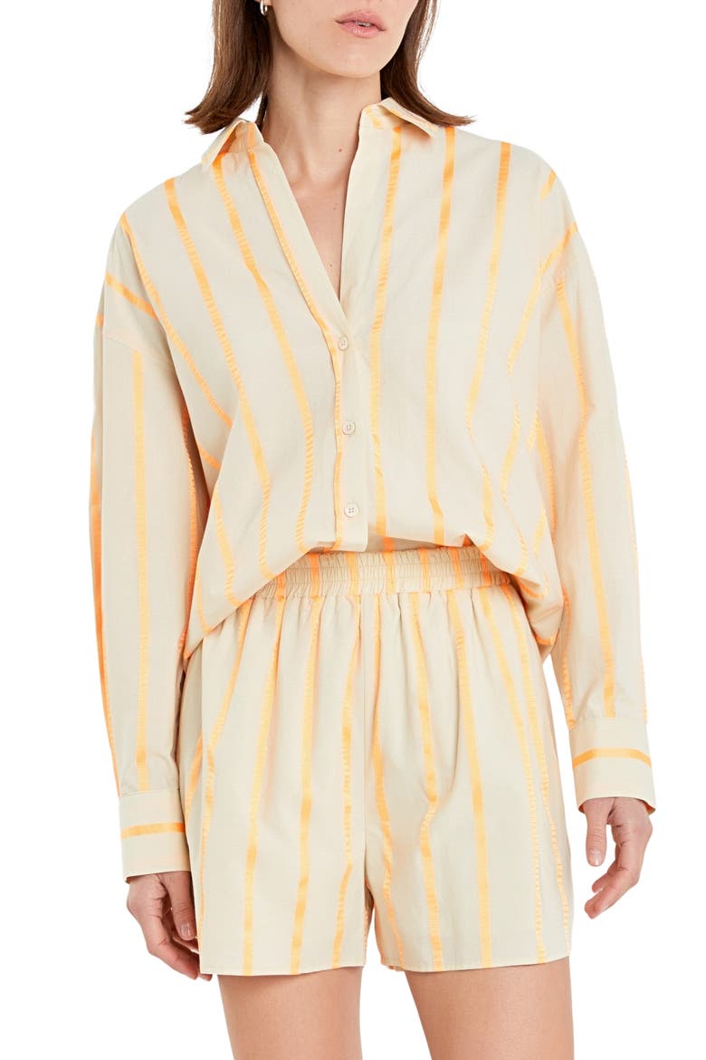 Oversize Taped Stripe Long Sleeve Button-Up Shirt, Main, color, BEIGE/ ORANGE