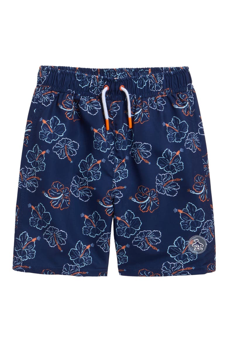 Kids' Hibiscus Print Swim Trunks, Main, color, DRESS BLUES