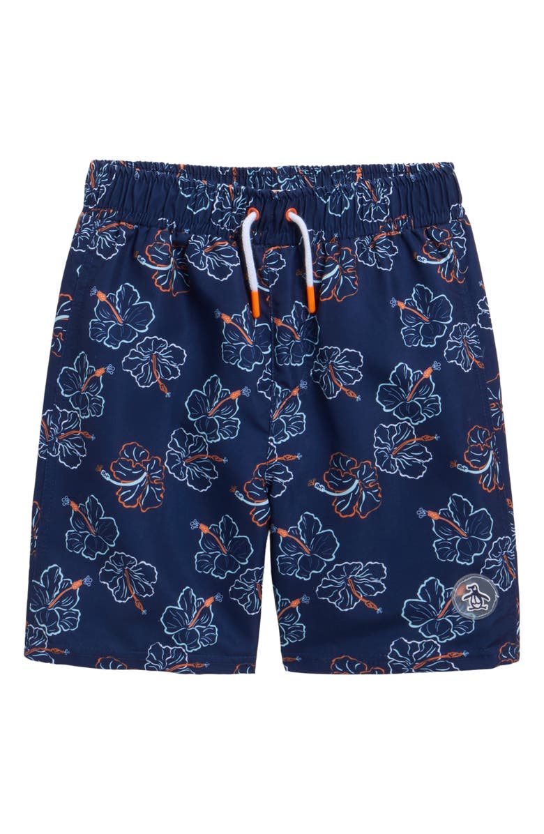 Original Penguin Kids' Hibiscus Print Swim Trunks, Main, color, Dress Blues