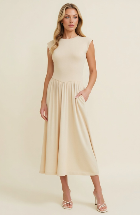 Cap Sleeve Knit Bodice Dress with Flowy Midi Skirt and Side Pockets