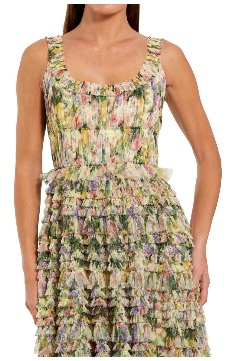 Mac Duggal Floral Printed Tiered Ruffle Smocked Midi Dress, Alternate, color, Yellow Multi