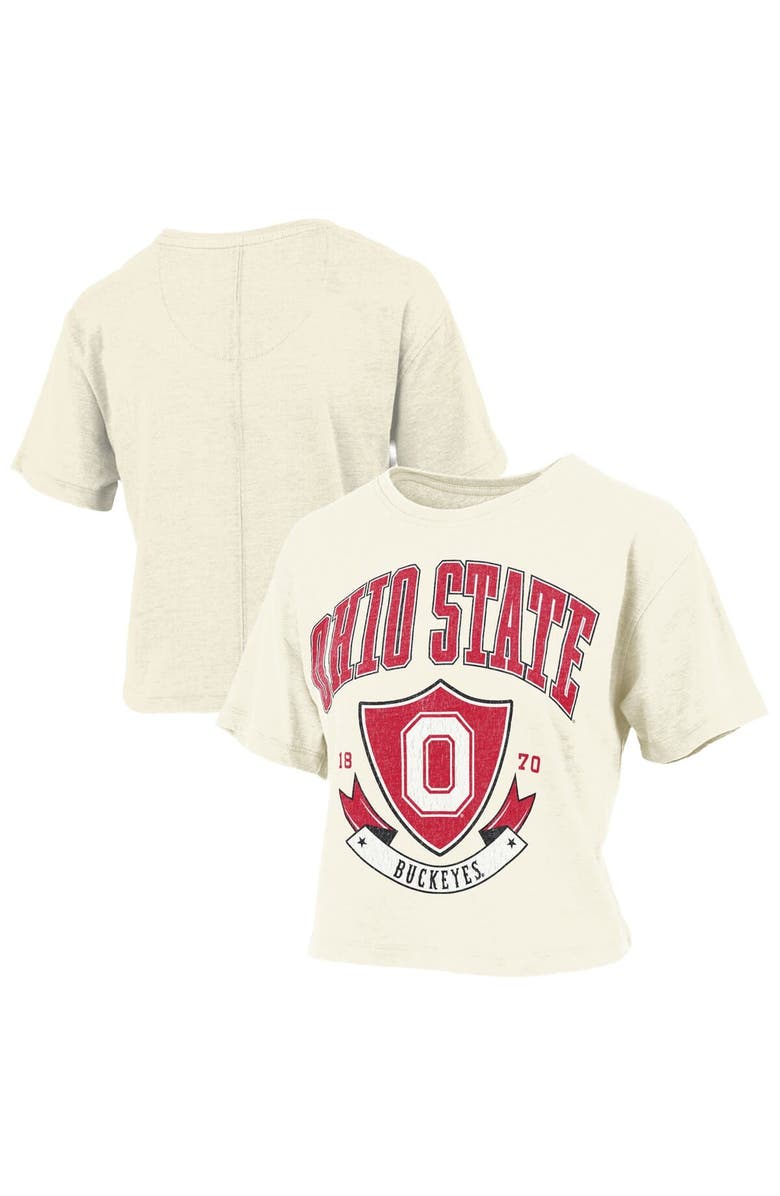 PRESSBOX Women's Pressbox Cream Ohio State Buckeyes Buckler Vintage Cropped T-Shirt, Main, color, 