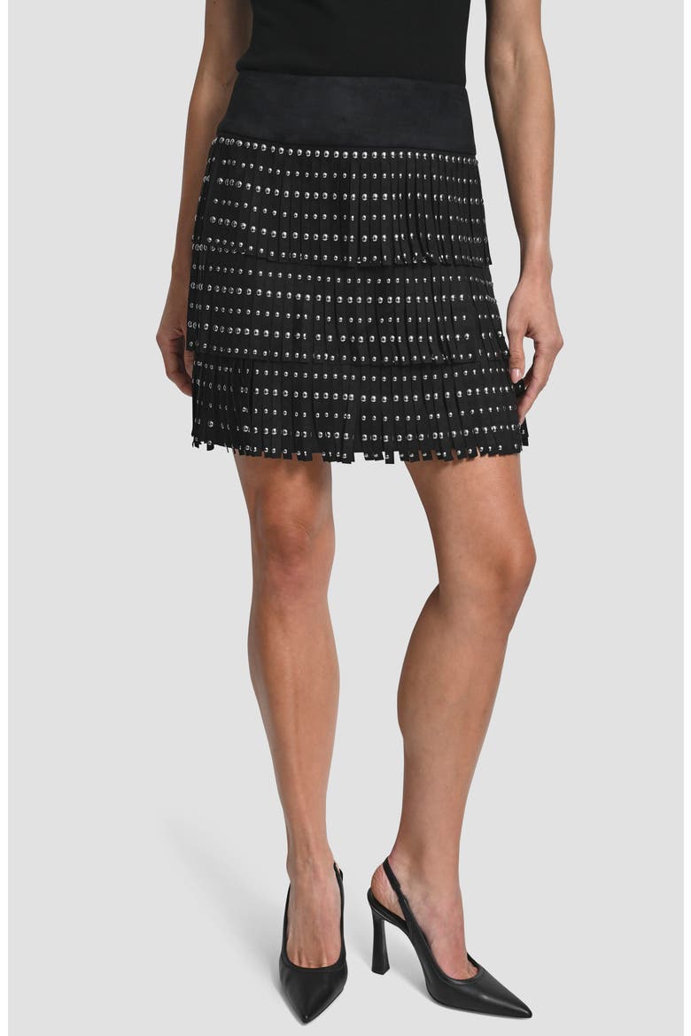 Stud Fringe Miniskirt, Main, color, BLACK