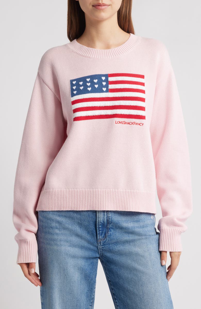 LoveShackFancy Ty Intarsia Flag Cotton Crewneck Sweater, Main, color, Blushing Liberty
