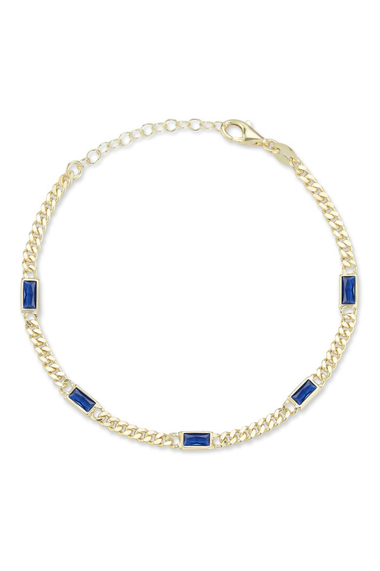 14K Gold Plate Sterling Silver Curb CZ Station Bracelet, Main, color, GOLD/ BLUE