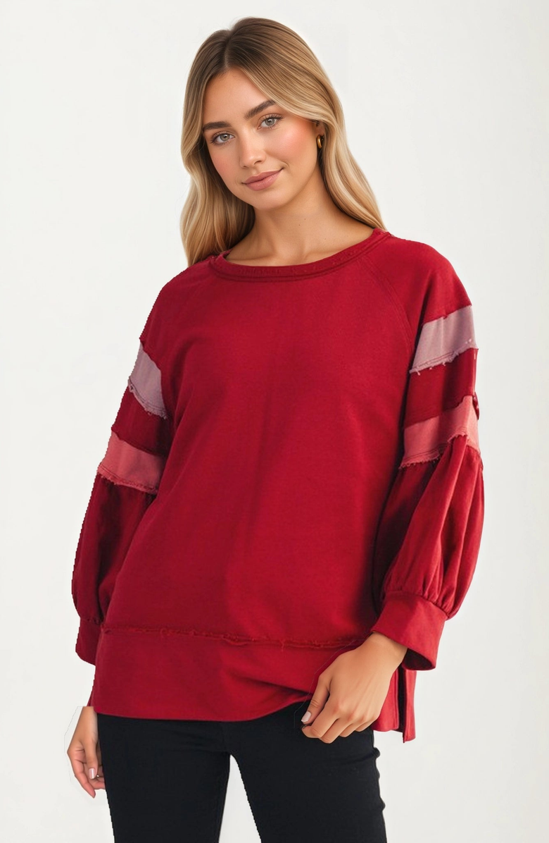 Knit and Lounge Relaxed Crewneck Statement Sleeve Stripe Top, Main, color,