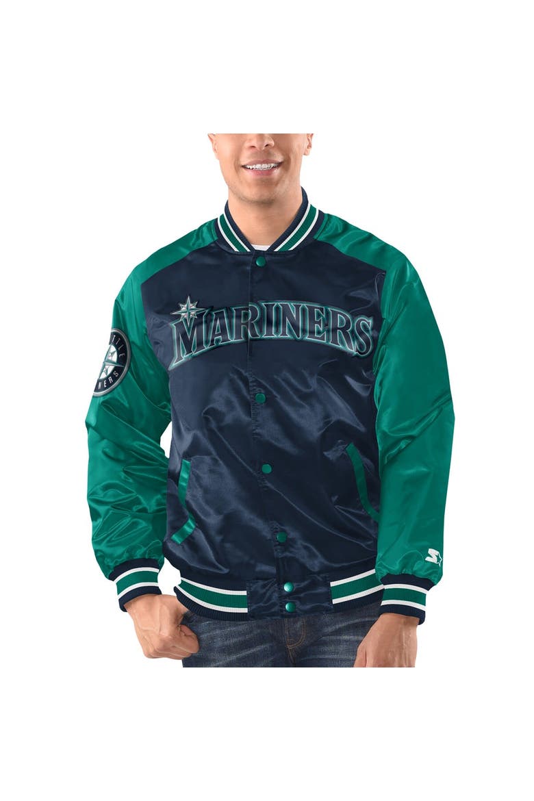 Men's Starter Navy/Aqua Seattle Mariners Varsity Satin Full-Snap Jacket, Main, color, Navy