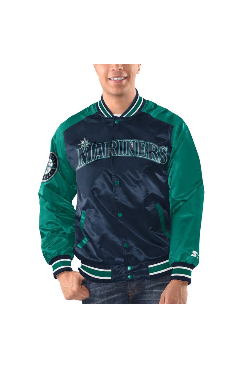 STARTER Men's Starter Navy/Aqua Seattle Mariners Varsity Satin Full-Snap Jacket, Main, color,