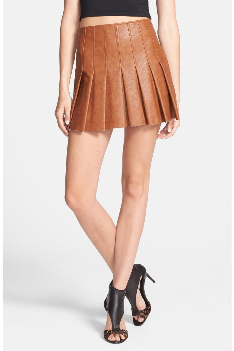 ASTR Faux Leather Pleat Front Skirt, Main, color, AMBER BROWN