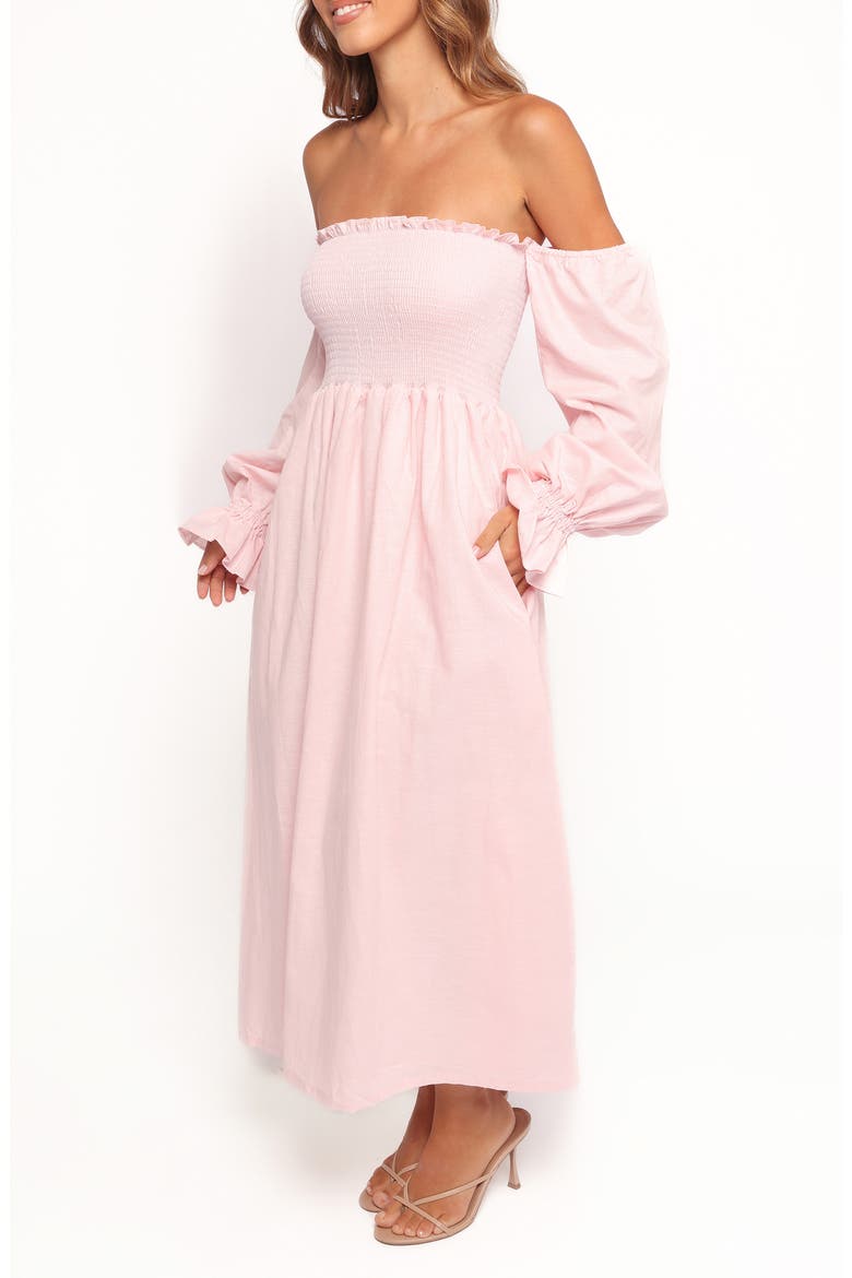 Domenica Off the Shoulder Linen Blend Midi Dress, Alternate, color, PINK
