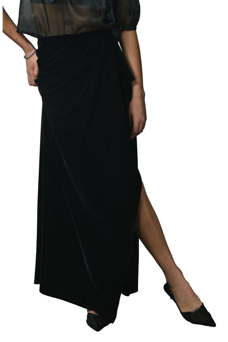 Velvet Drape Front Maxi Skirt, Main, color, BLACK