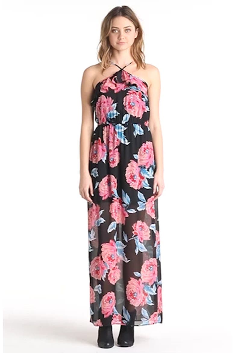 Ruffle Halter Maxi Dress, Alternate, color, BLACK/ PINK FLORAL