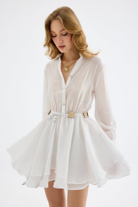 Alora TENCEL Button-Front Pleated Mini Shirt Dress