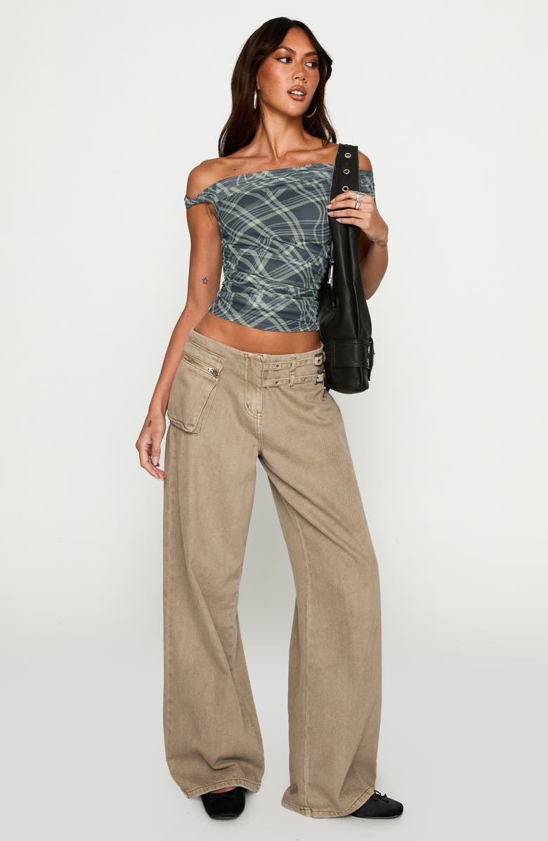 Princess Polly Sweet Embrace Off the Shoulder Mesh Crop Top, Alternate, color, Plaid Multi