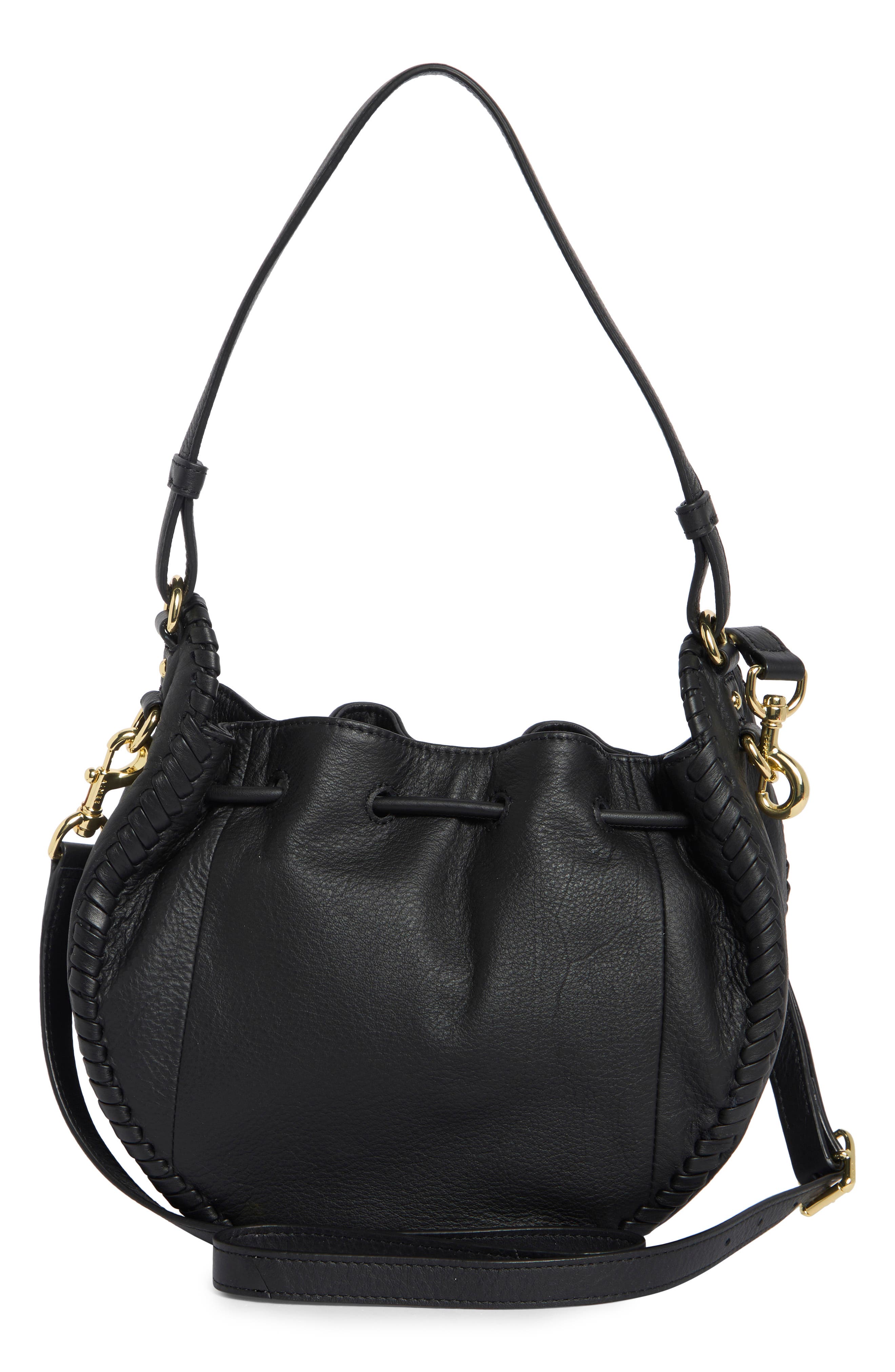 Whipstitched Leather Drawstring Bucket Bag, Alternate, color, BLACK