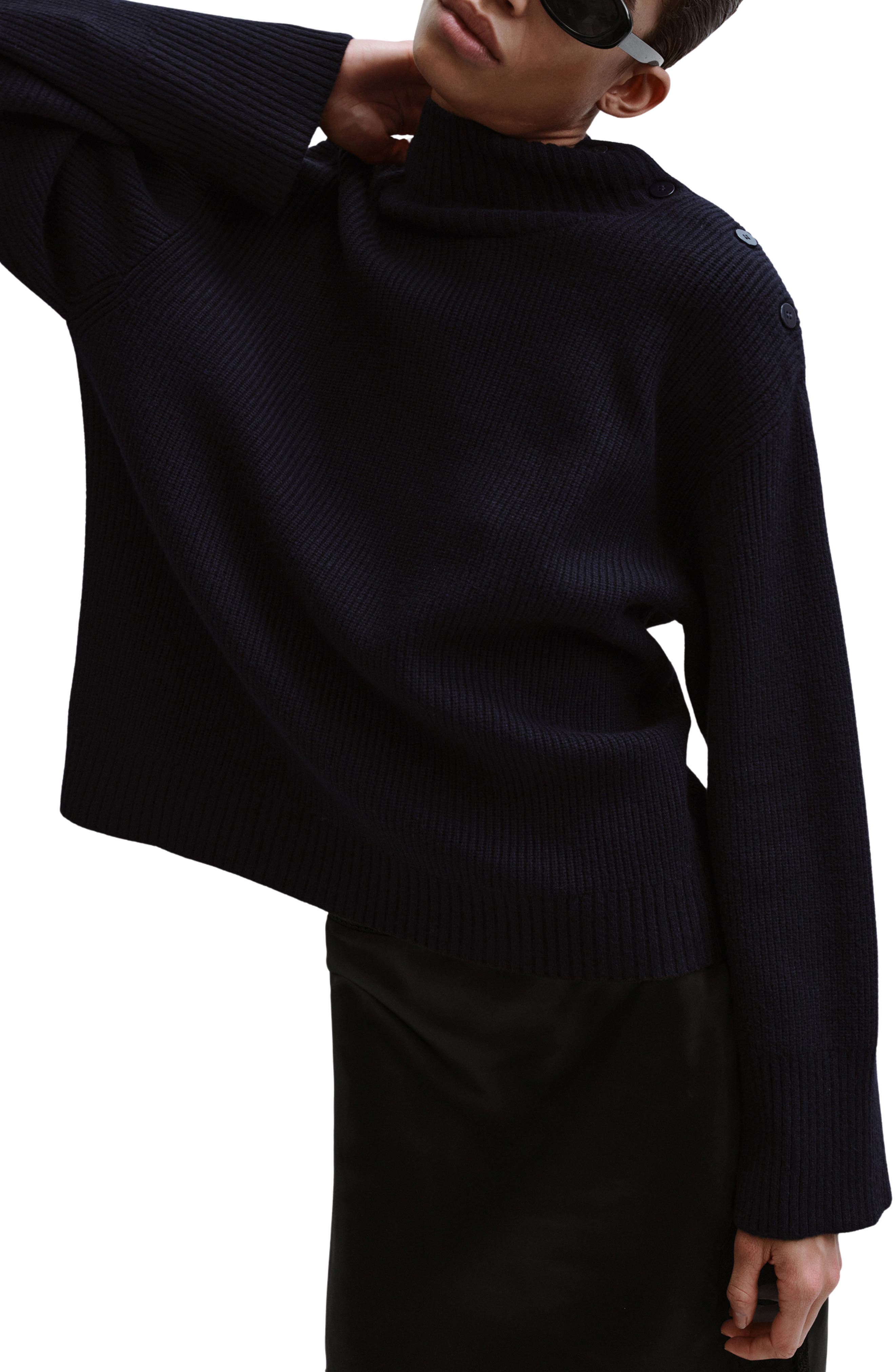 Shoulder Button Mock Neck Sweater