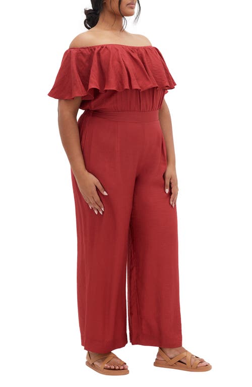 City Chic Serene Ruffle Off The Shoulder Jumpsuit In Brown