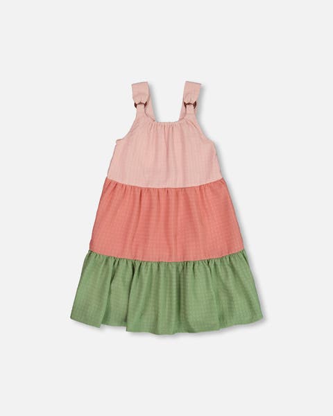Girl's Tiered Color Block Peasant Dress Peach Pink And Green
