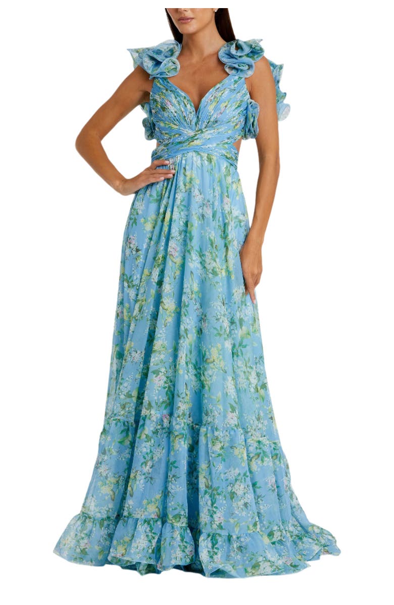 Mac Duggal Ruffle Tiered Floral Cut-Out Chiffon Gown, Main, color, Blue Multi