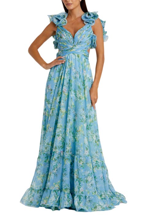 Ruffle Tiered Floral Cut-Out Chiffon Gown