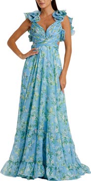Mac Duggal Ruffle Tiered Floral Cut-Out Chiffon Gown