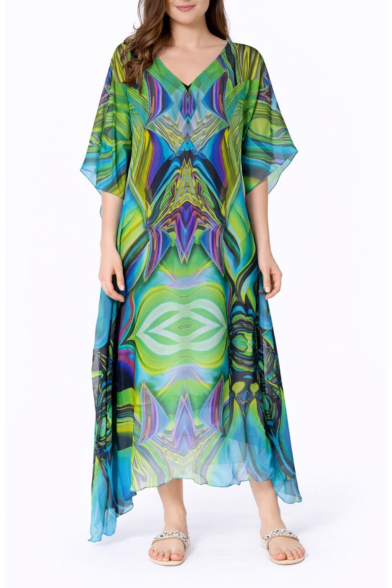 Abstract Print V-Neck Maxi Caftan, Main, color, GREEN