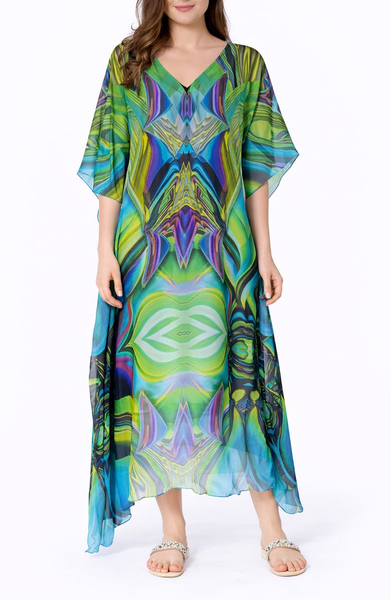 RANEES Abstract Print V-Neck Maxi Caftan, Main, color, 